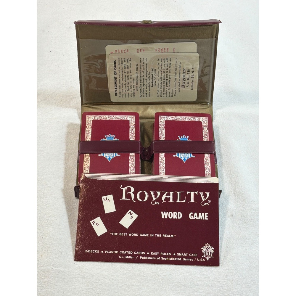 Vintage Royalty Word Game SJ Miller 2 Decks Plastic Coated Cards Burgundy Case